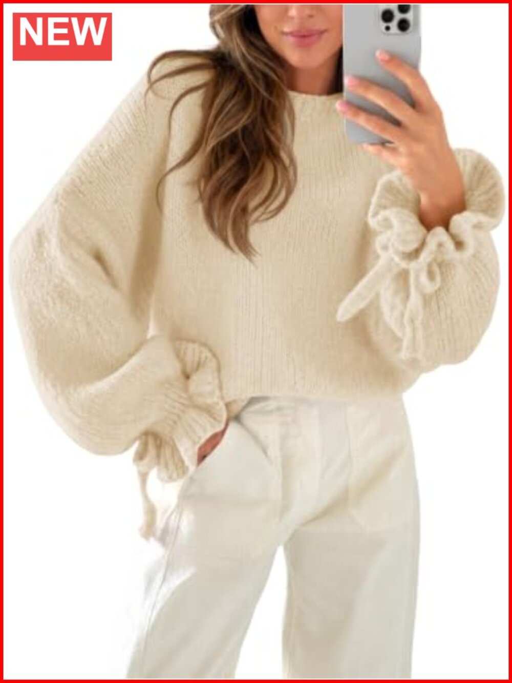Oversized Chunky Knit Ruffle Sleeve Crew Neck Pullover Sweater